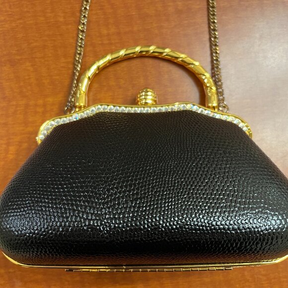 VTG BLACK LEATHER AND RHINESTONE EVENING BAG - RETRACTABLE HANDLE AND LONG CHAIN - Picture 2 of 13
